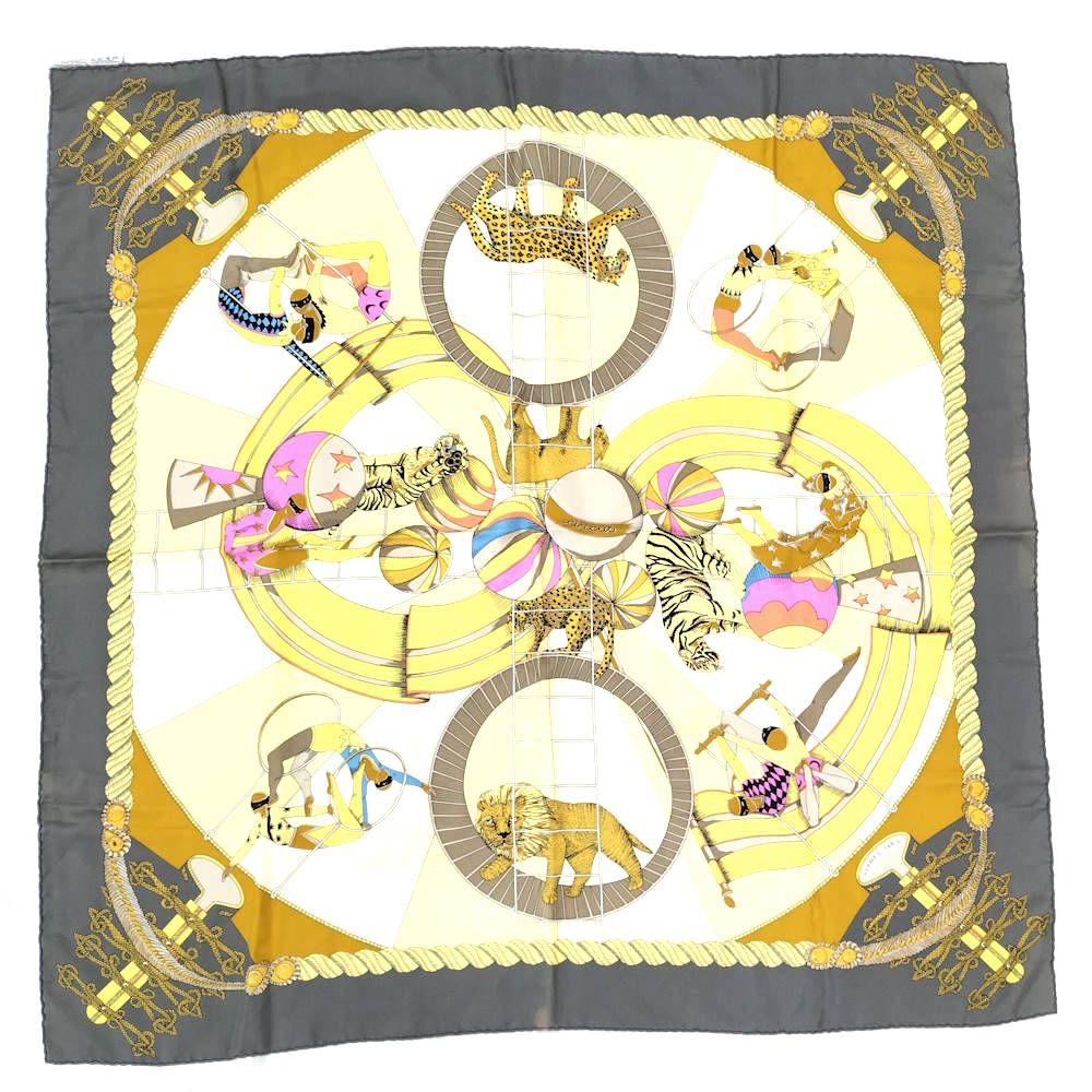 Hermes Carre 90 Scarf Circus 100% Silk Gray x Multicolor