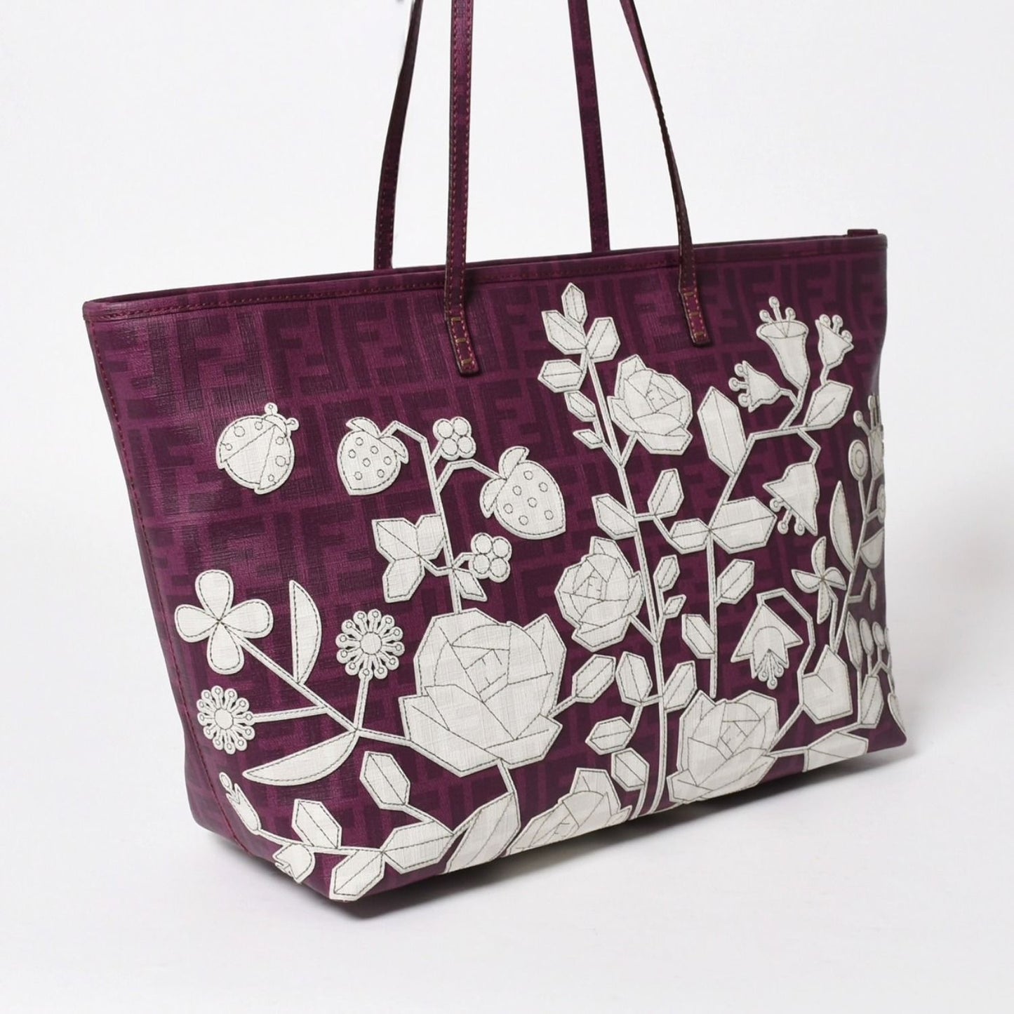 Fendi Tote Bag Purple White Floral Pattern Zucca Canvas — view 3