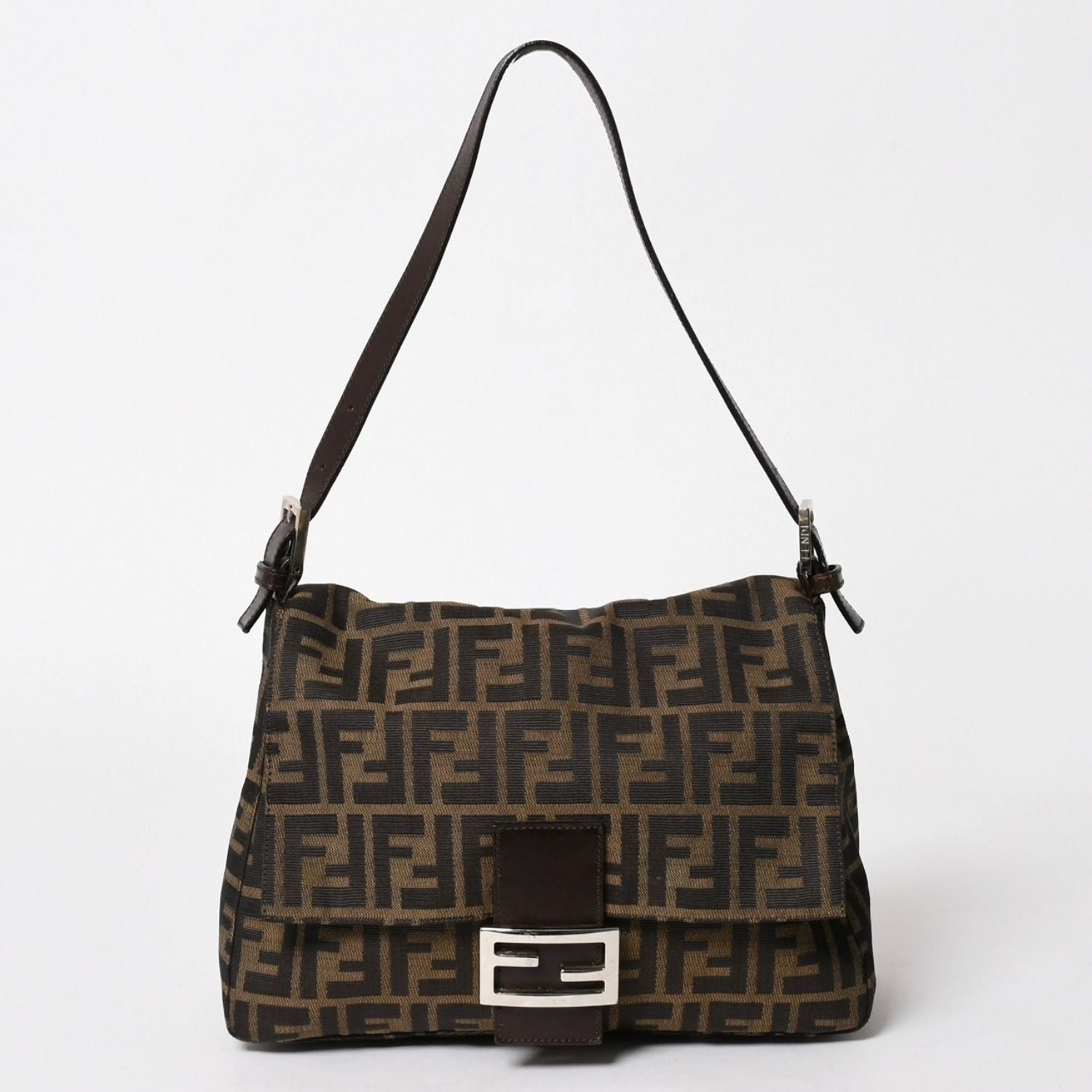 Fendi Zucca Pattern Mamma Baguette Shoulder Bag Canvas Leather Brown FF Buckle
