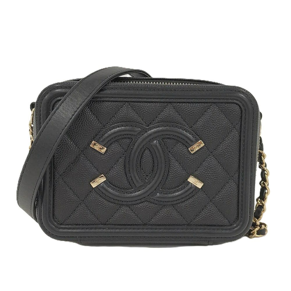 Chanel Shoulder Bag Quilted CC Filigree Leather Black