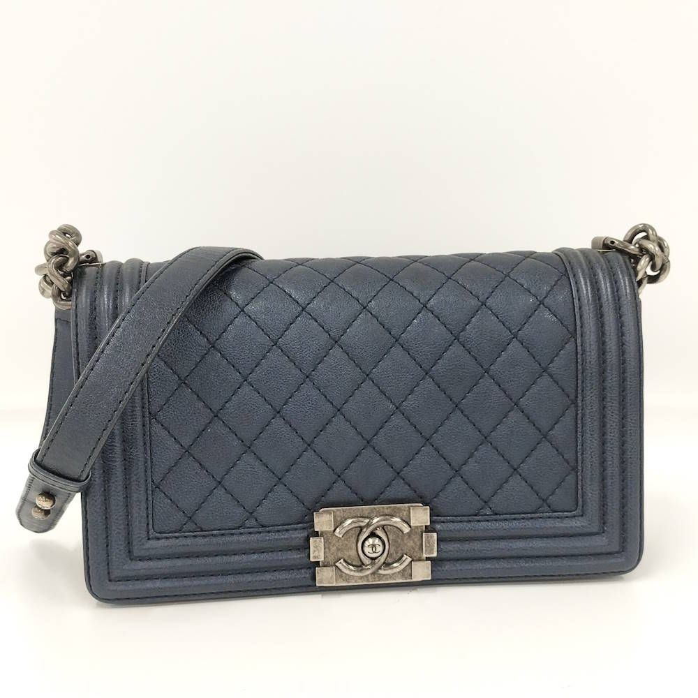 Chanel Boy Chain Shoulder Bag Leather Navy