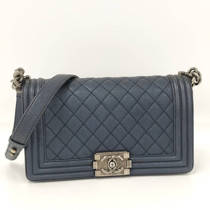 Chanel Boy Chain Shoulder Bag Leather Navy