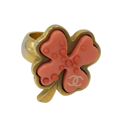 Chanel Ring CC Logo Four Leaf Clover Motif Plated Gold Pink