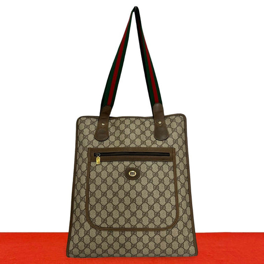 Gucci Vintage Sherry Line GG Logo Pattern Leather Tote Bag Brown Red Green