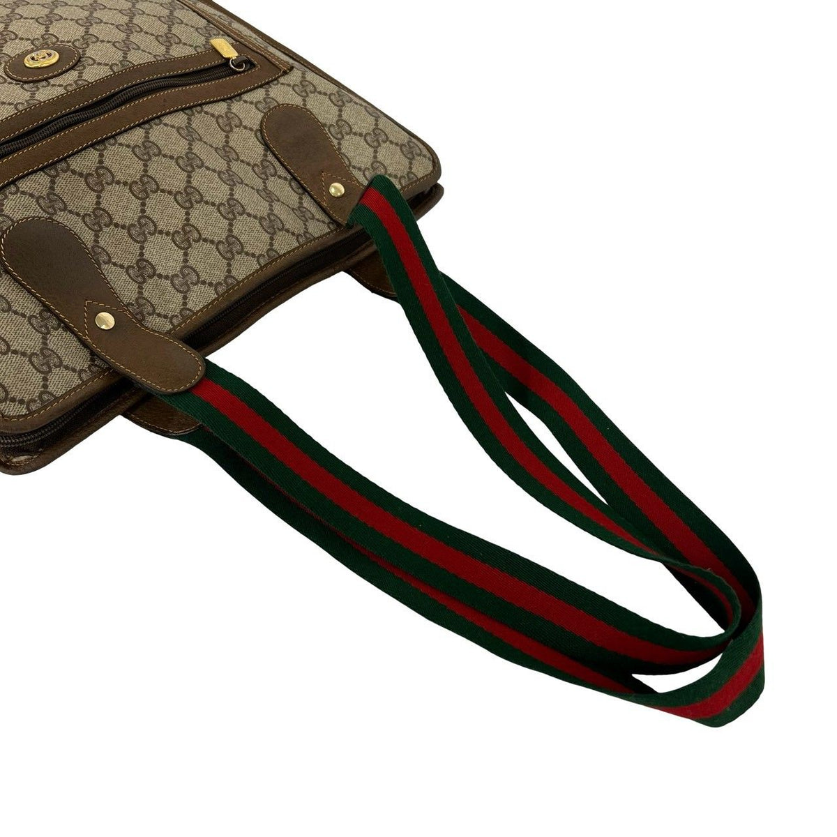 Gucci Vintage Sherry Line GG Logo Pattern Leather Tote Bag Brown Red Green — view 4