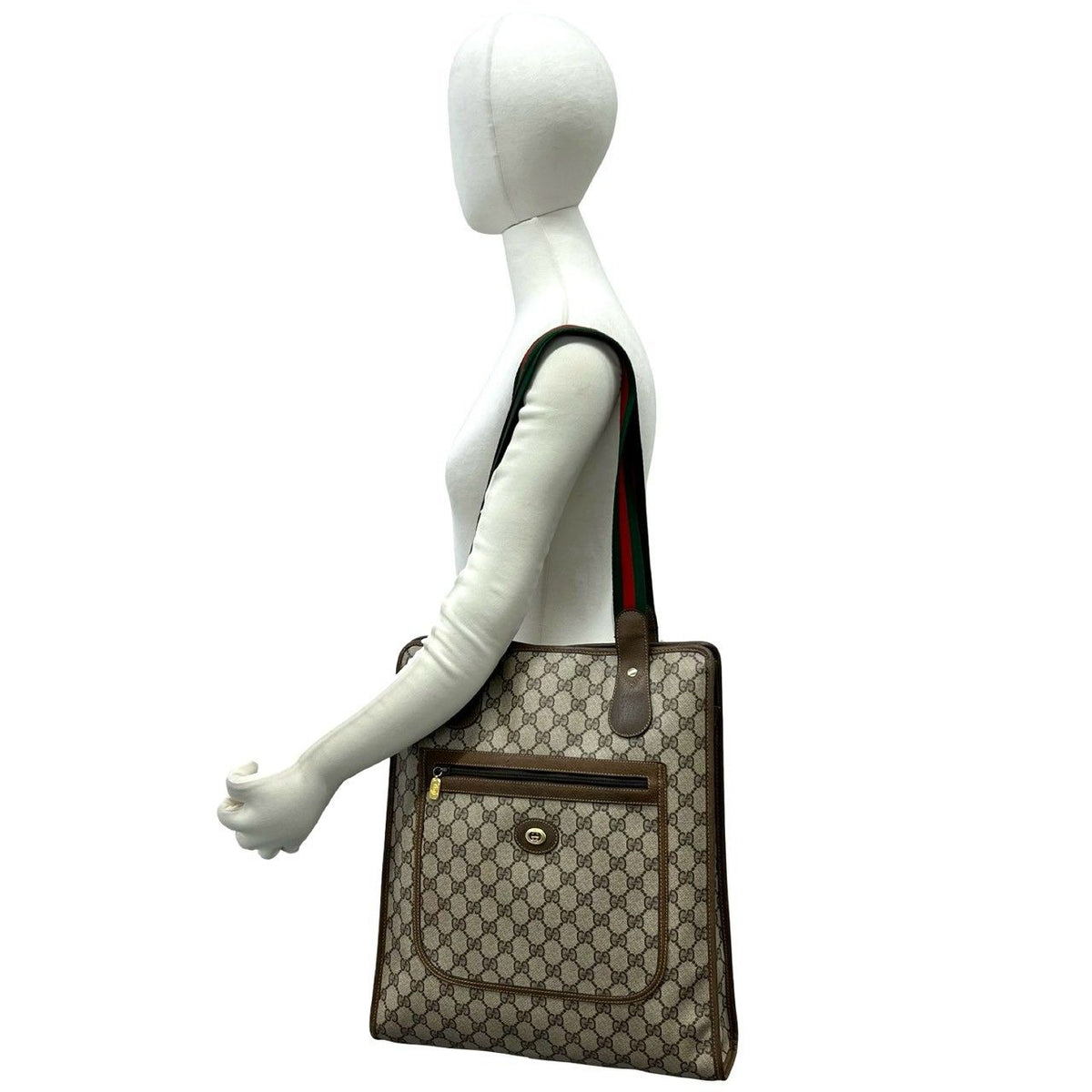 Gucci Vintage Sherry Line GG Logo Pattern Leather Tote Bag Brown Red Green — view 2