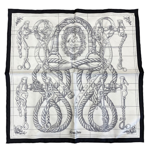 Hermes Della Alleria Kavaleria Scarf Carre 45 Gavroche 25 Silk Black White