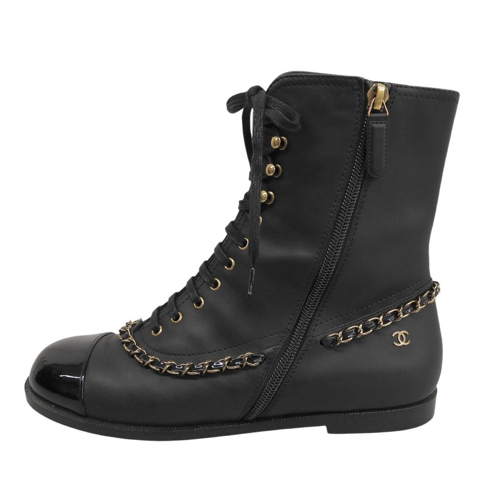 Chanel CC Logo Leather Short Boots Chain Double Zip Lace Up Black 37 — view 4