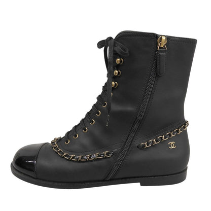 Chanel CC Logo Leather Short Boots Chain Double Zip Lace Up Black 37 — view 4