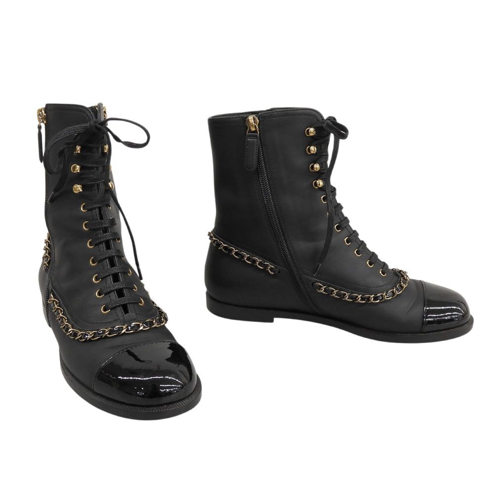 Chanel CC Logo Leather Short Boots Chain Double Zip Lace Up Black 37 — view 2