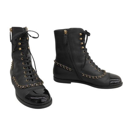 Chanel CC Logo Leather Short Boots Chain Double Zip Lace Up Black 37 — view 2