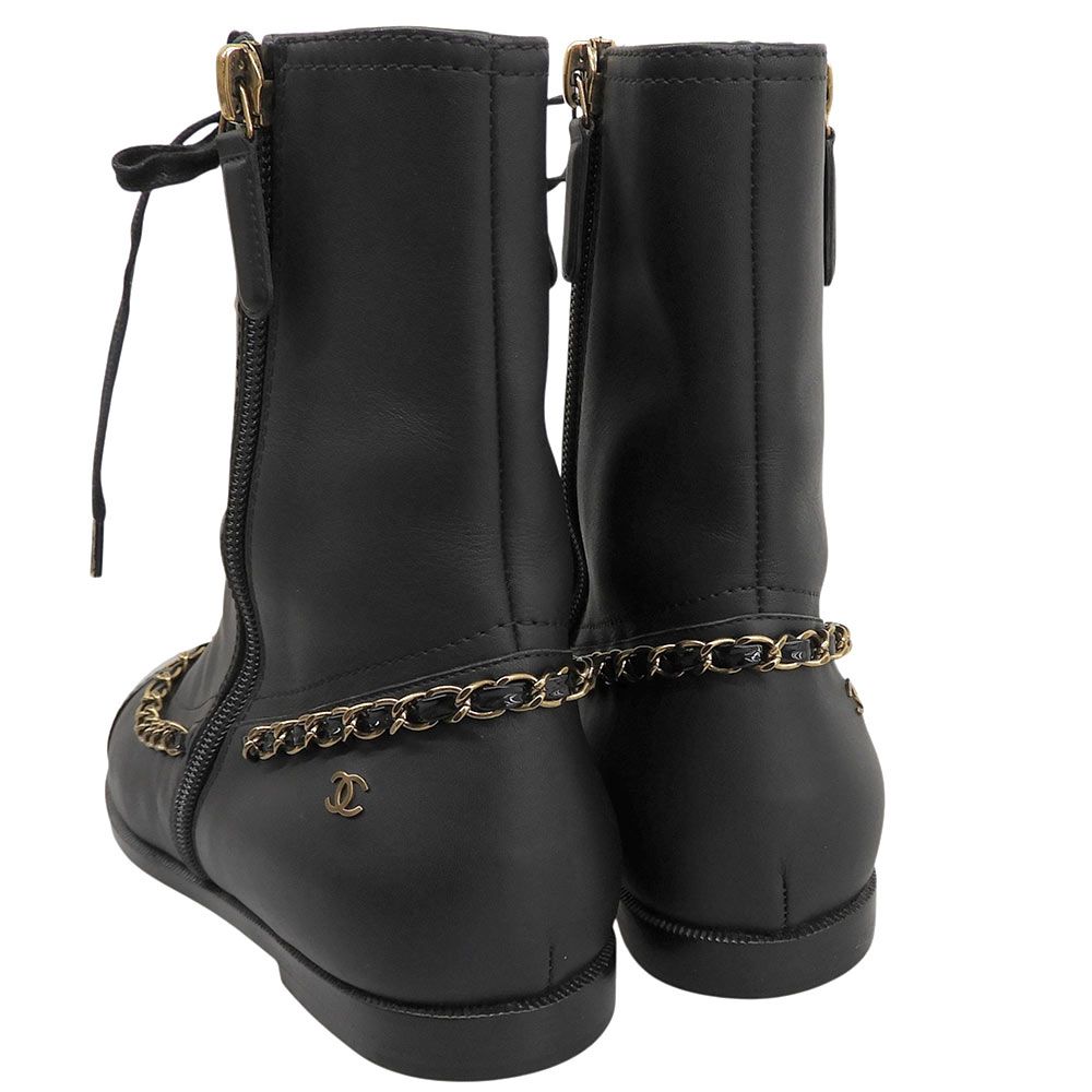 Chanel CC Logo Leather Short Boots Chain Double Zip Lace Up Black 37 — view 6