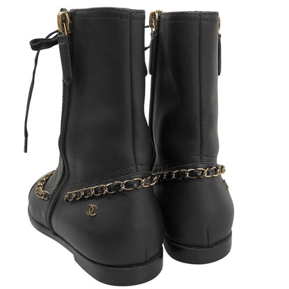 Chanel CC Logo Leather Short Boots Chain Double Zip Lace Up Black 37 — view 6