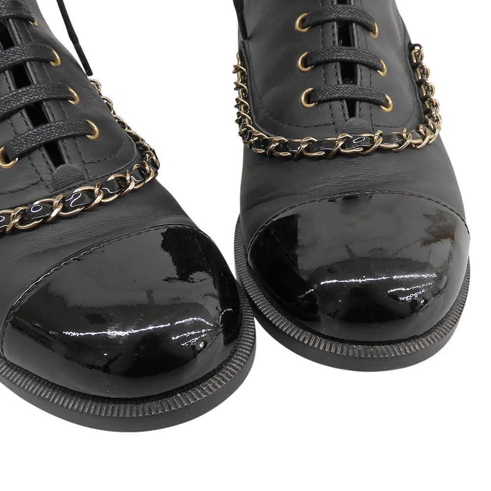 Chanel CC Logo Leather Short Boots Chain Double Zip Lace Up Black 37 — view 3