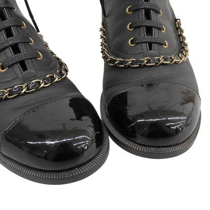Chanel CC Logo Leather Short Boots Chain Double Zip Lace Up Black 37 — view 3