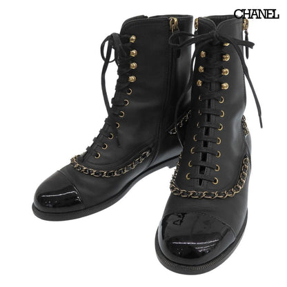 Chanel CC Logo Leather Short Boots Chain Double Zip Lace Up Black 37