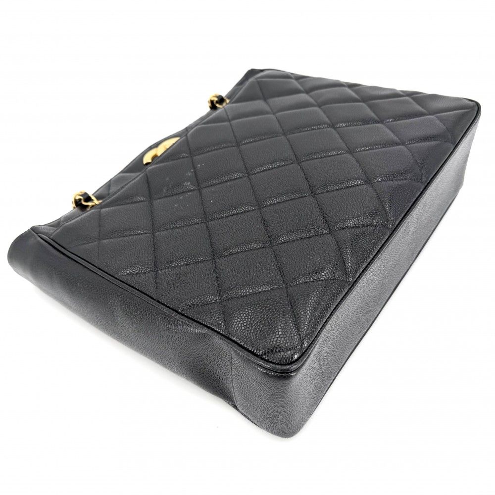 Chanel Big Handbag Quilted CC Logo Chain Tote Shoulder Caviar Leather Black Gold — view 3