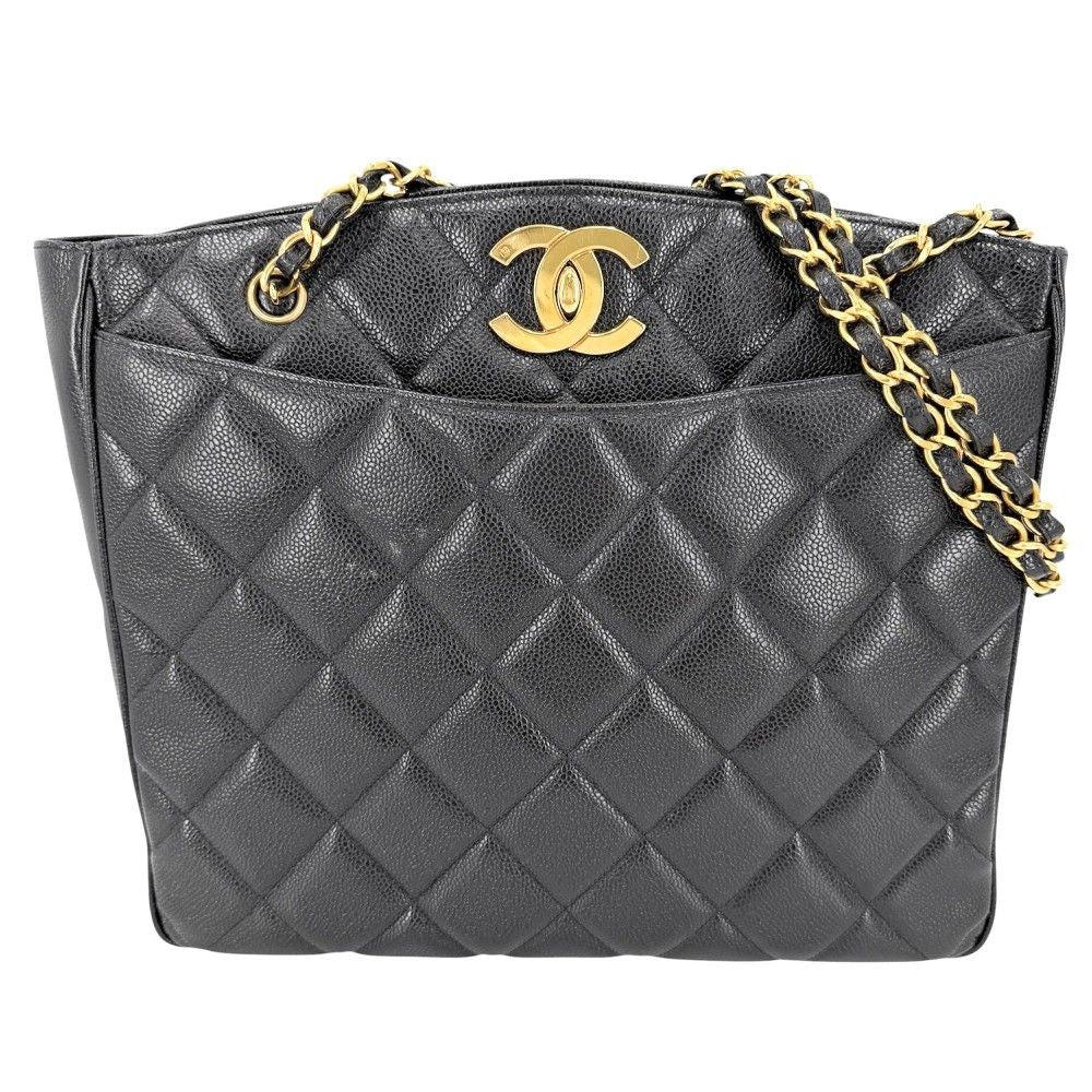 Chanel Big Handbag Quilted CC Logo Chain Tote Shoulder Caviar Leather Black Gold
