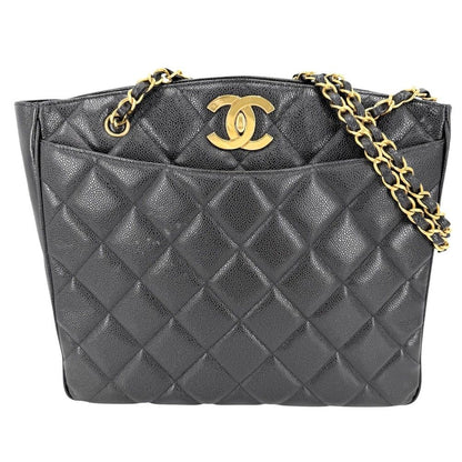 Chanel Big Handbag Quilted CC Logo Chain Tote Shoulder Caviar Leather Black Gold