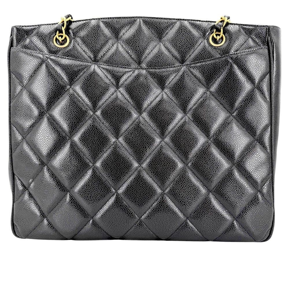 Chanel Big Handbag Quilted CC Logo Chain Tote Shoulder Caviar Leather Black Gold — view 2