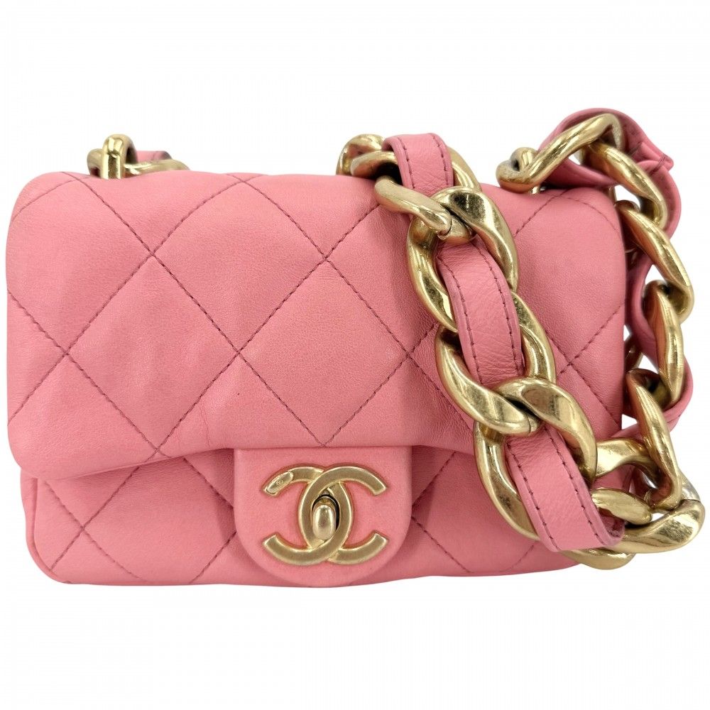 Chanel Big Shoulder Bag Mini Quilted Chain Turnlock Mini CC Logo Leather Pink