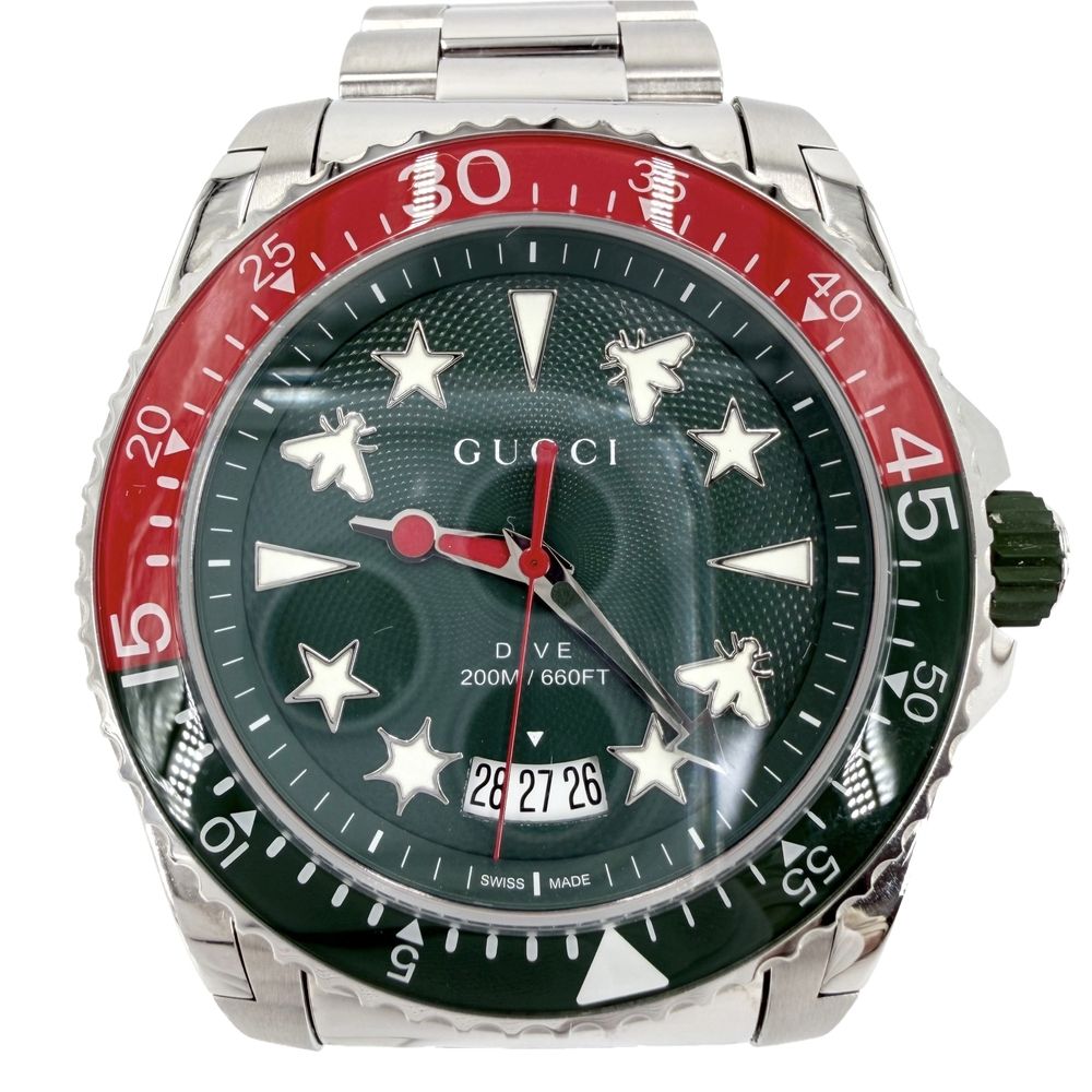 Gucci Watch Date Dive Quartz Green Dial Stainless Steel Silver
