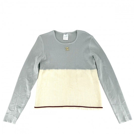 Chanel Top CC Logo Sweatshirt 50 Gray Ivory Gold Wool Spring Autumn Winter