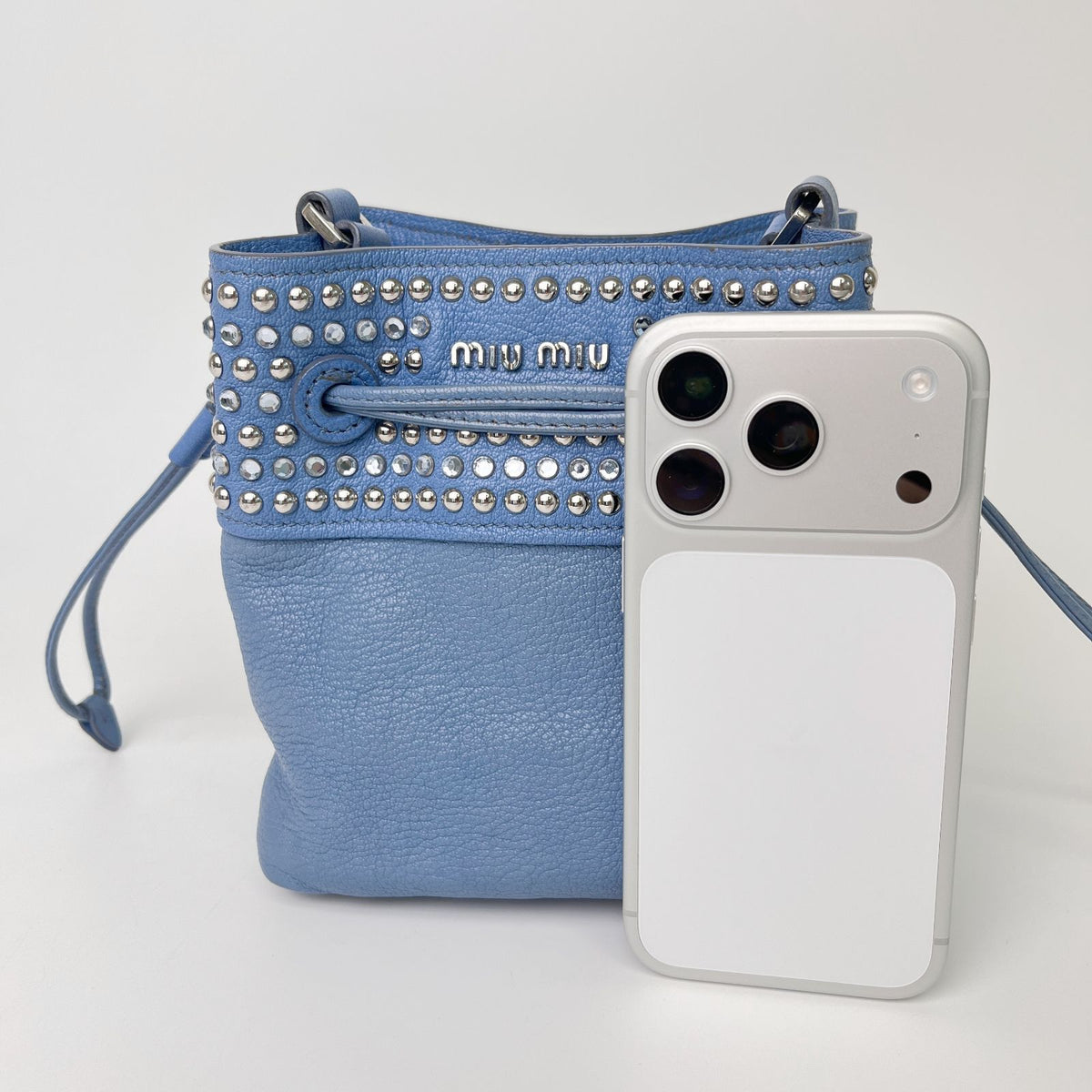 Miu Miu Studs Drawstring Shoulder Bag Leather Blue Silver Vintage — view 3