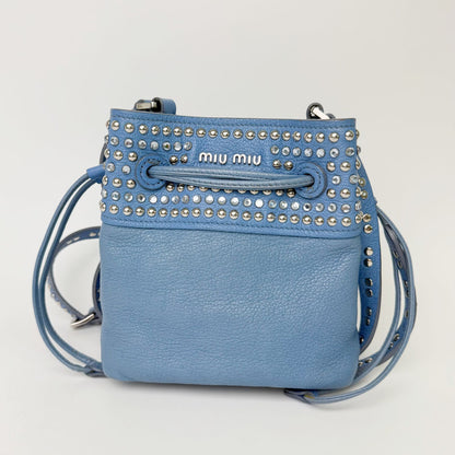 Miu Miu Studs Drawstring Shoulder Bag Leather Blue Silver Vintage — view 2