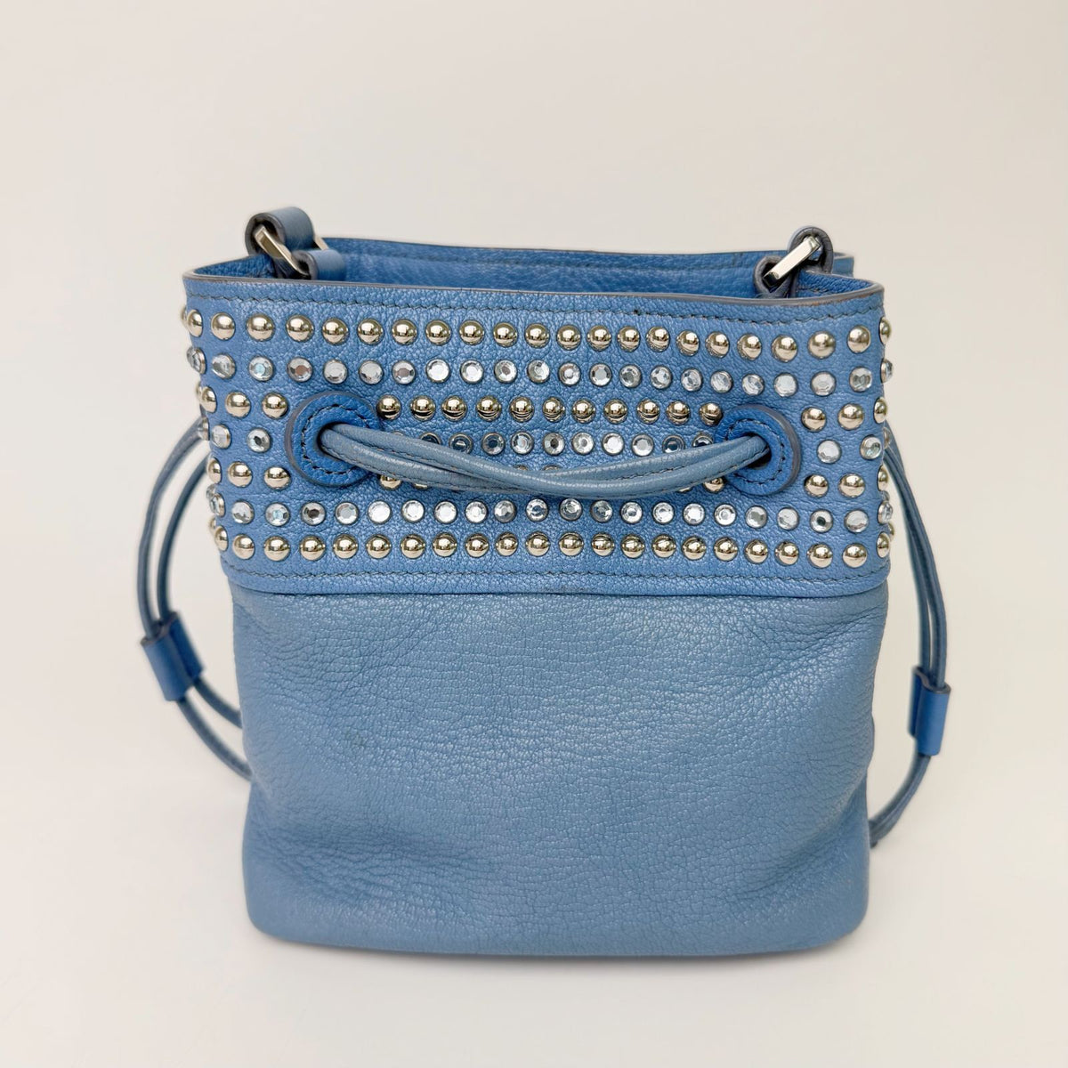 Miu Miu Studs Drawstring Shoulder Bag Leather Blue Silver Vintage — view 5