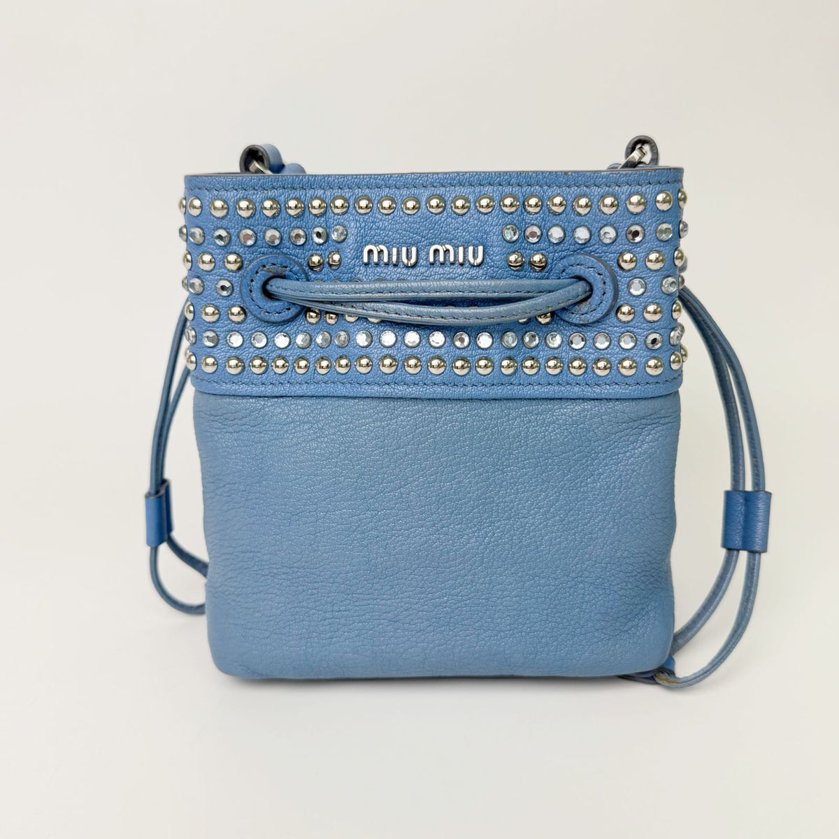 Miu Miu Studs Drawstring Shoulder Bag Leather Blue Silver Vintage — view 4
