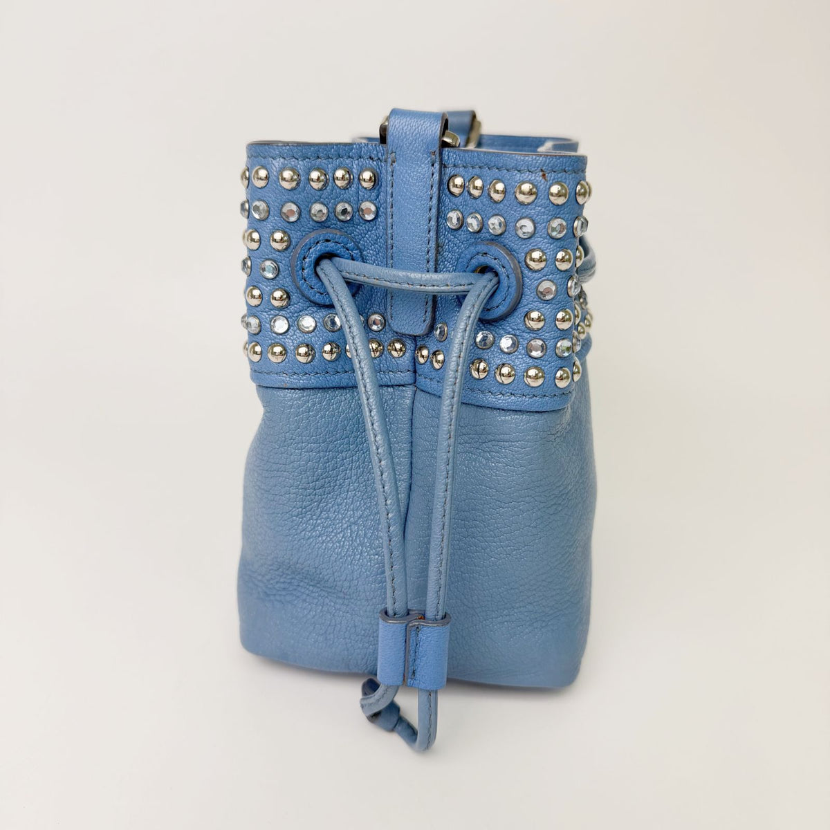 Miu Miu Studs Drawstring Shoulder Bag Leather Blue Silver Vintage — view 6