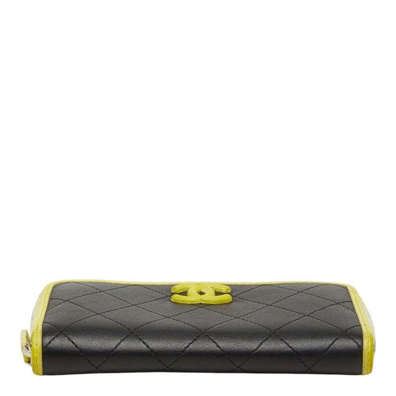 Chanel CC Logo Quilted Zip Around Wallet Black Yellow Leather — view 3