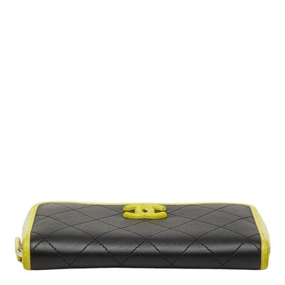 Chanel CC Logo Quilted Zip Around Wallet Black Yellow Leather — view 3