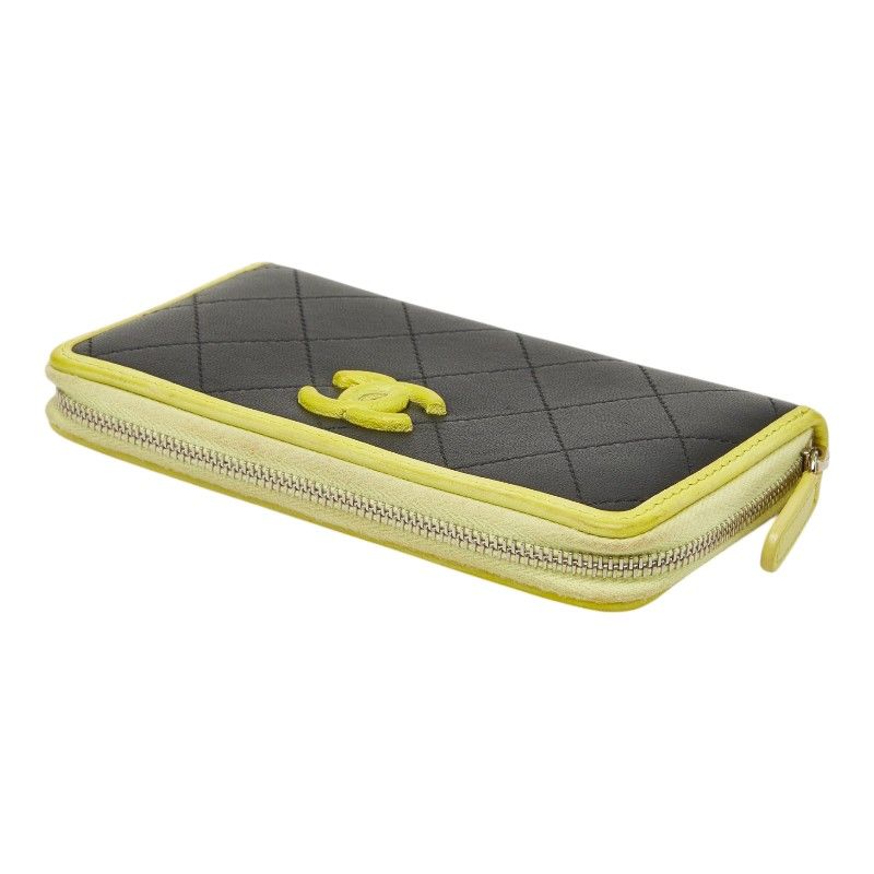 Chanel CC Logo Quilted Zip Around Wallet Black Yellow Leather — view 5