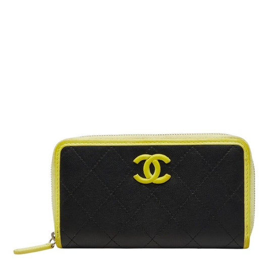 Chanel CC Logo Quilted Zip Around Wallet Black Yellow Leather