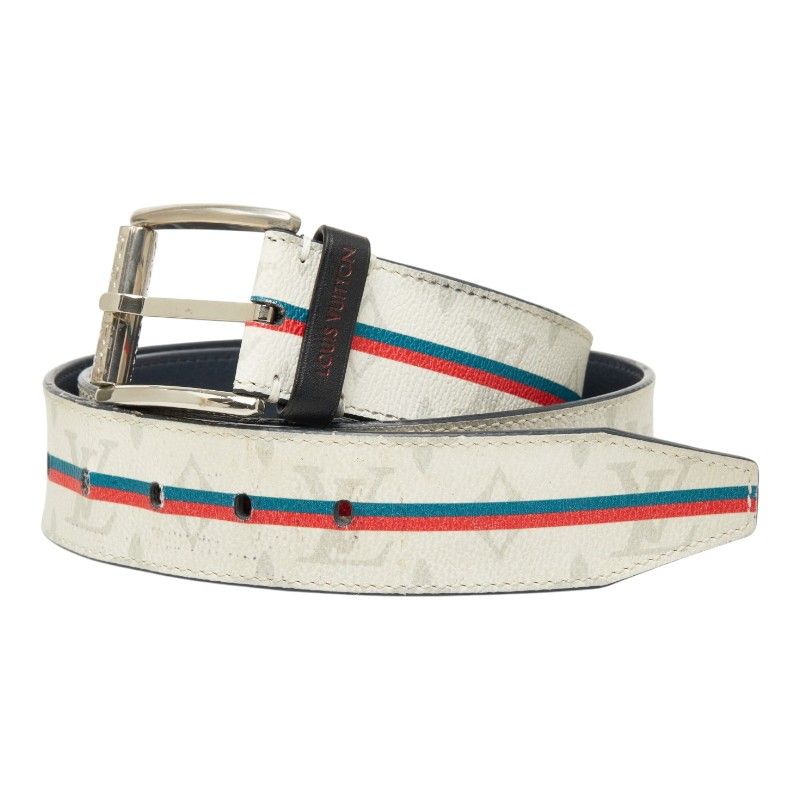 Louis Vuitton Monogram Ceintur Belt 85 34 Blanc White Gray Navy Leather