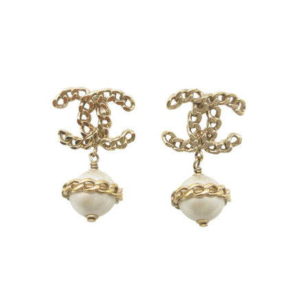 Chanel Earrings CC Logo Faux Pearl Chain Swing Gold