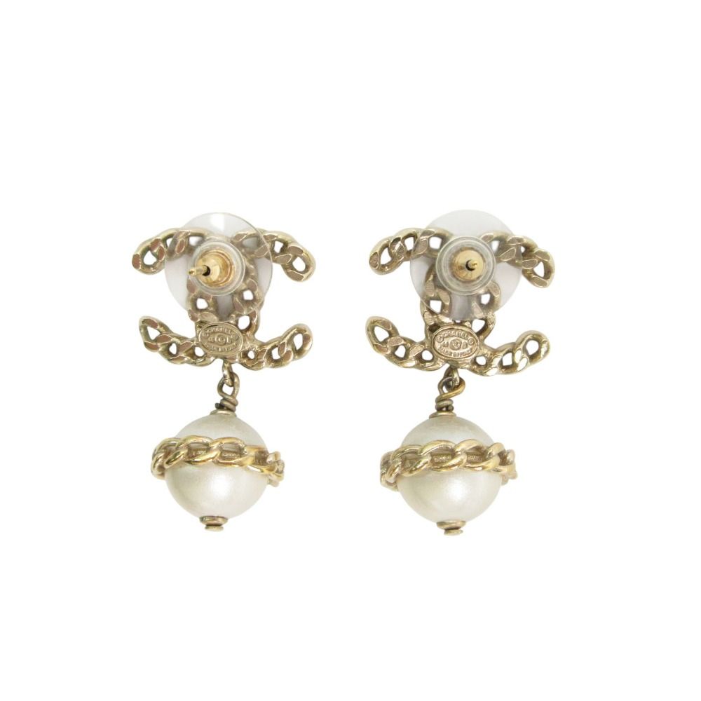 Chanel Earrings CC Logo Faux Pearl Chain Swing Gold — view 3
