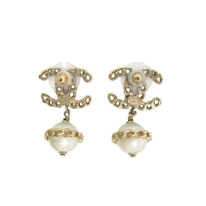 Chanel Earrings CC Logo Faux Pearl Chain Swing Gold — view 3