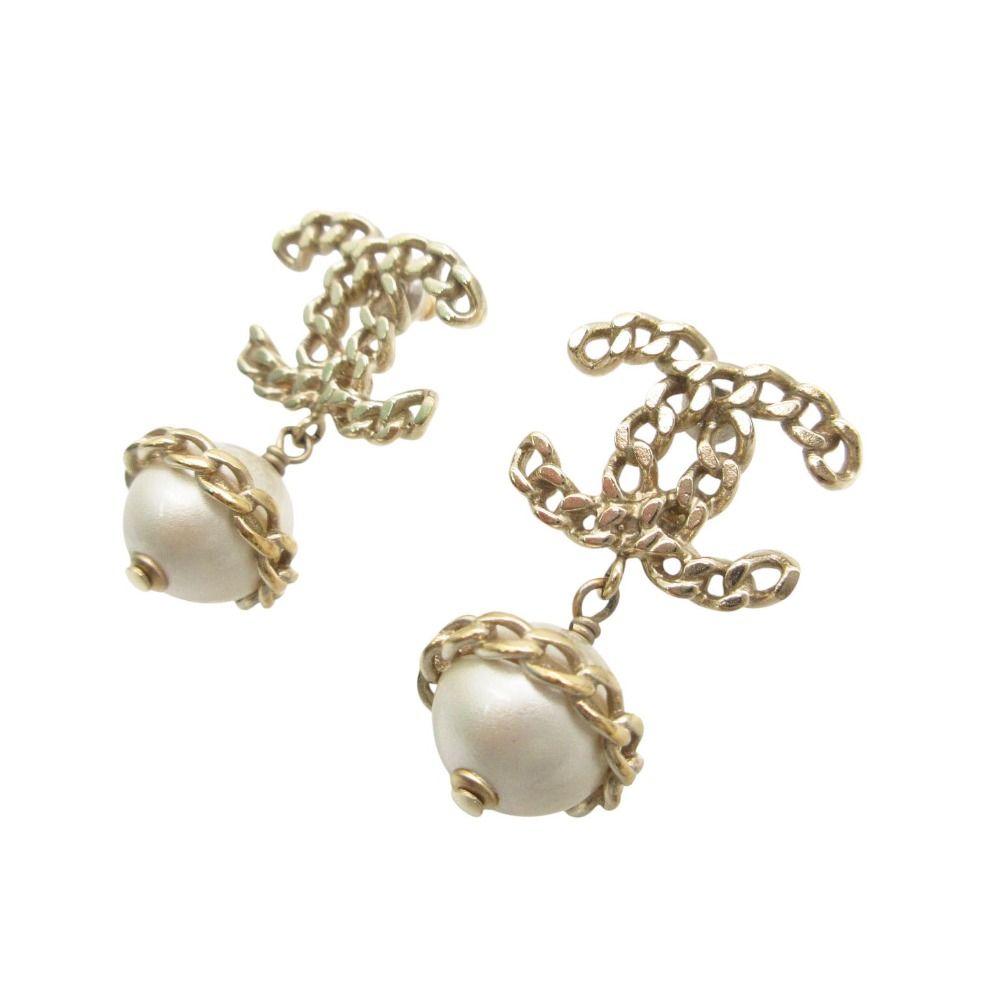 Chanel Earrings CC Logo Faux Pearl Chain Swing Gold — view 2