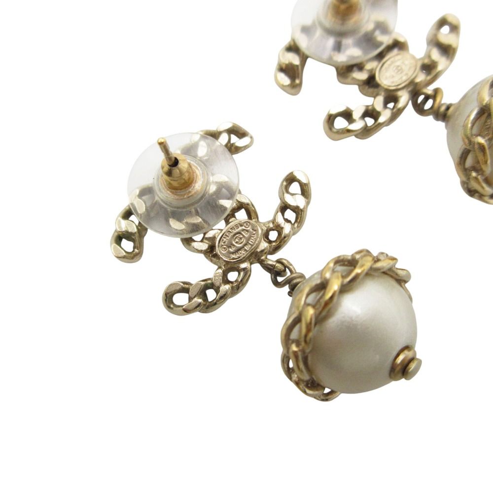 Chanel Earrings CC Logo Faux Pearl Chain Swing Gold — view 4
