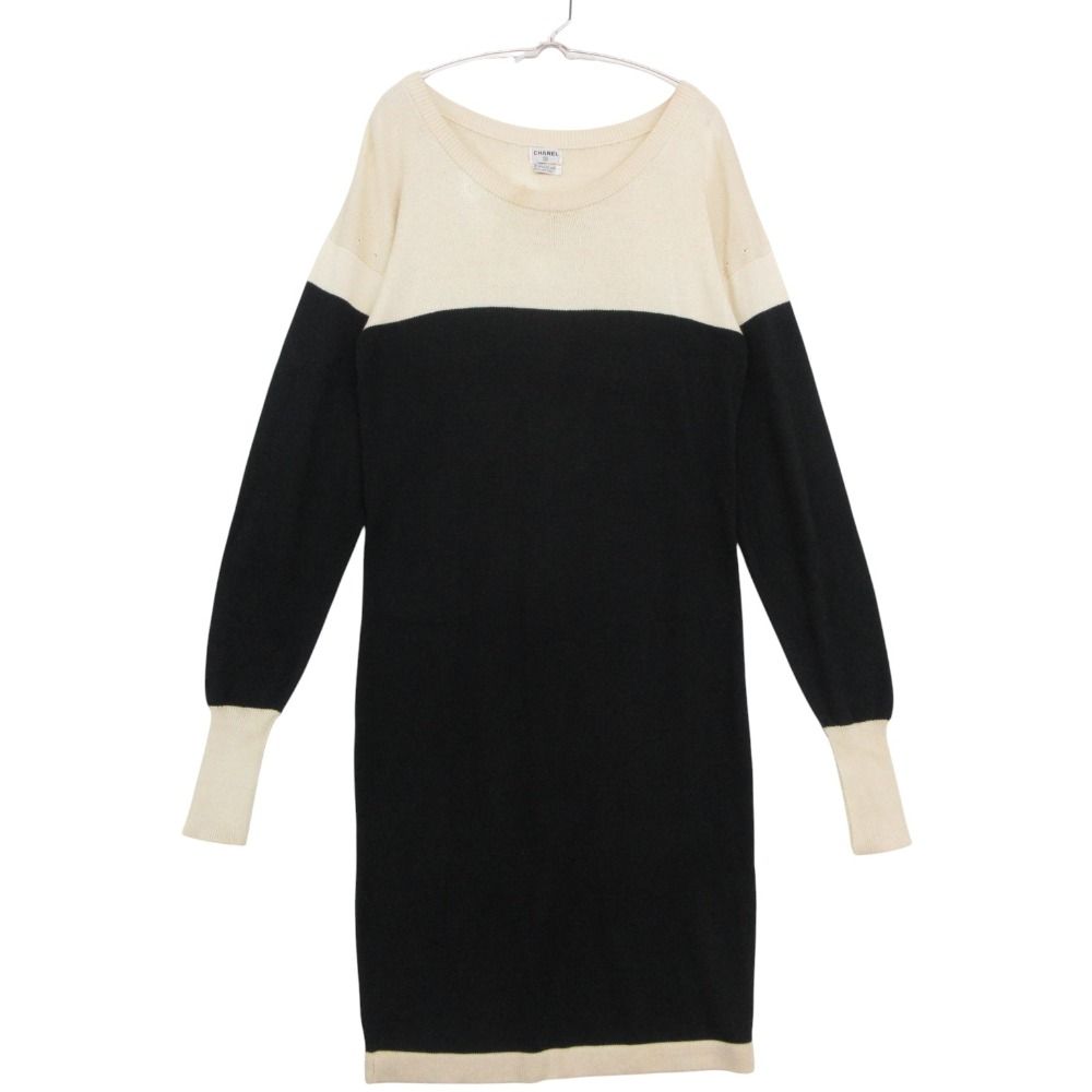 Chanel Dress Bicolor Long Sleeve Scottish Knee Length Rib Cotton Drop Woolder