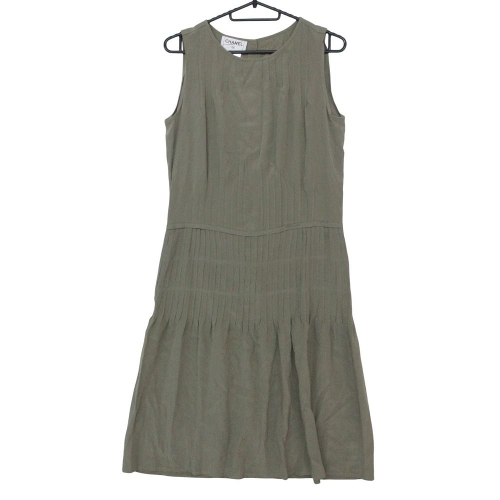 Chanel Dress 100% Silk CC Logo with Button Sleeveless Knee Length Khaki Green