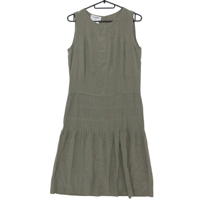 Chanel Dress 100% Silk CC Logo with Button Sleeveless Knee Length Khaki Green