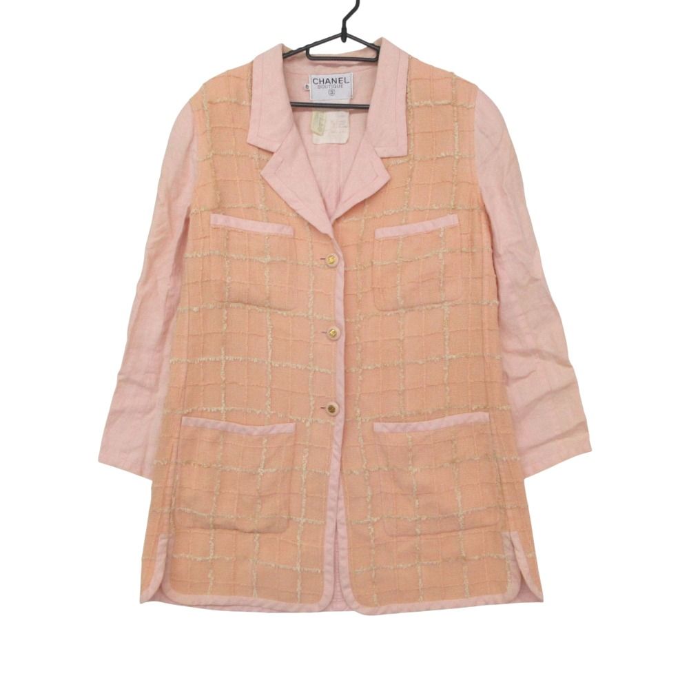 Chanel Tailored Jacket Linen Checker Tweed Outer CC Logo Button Shoulder