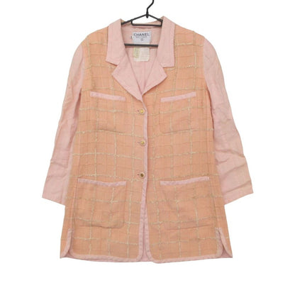 Chanel Tailored Jacket Linen Checker Tweed Outer CC Logo Button Shoulder