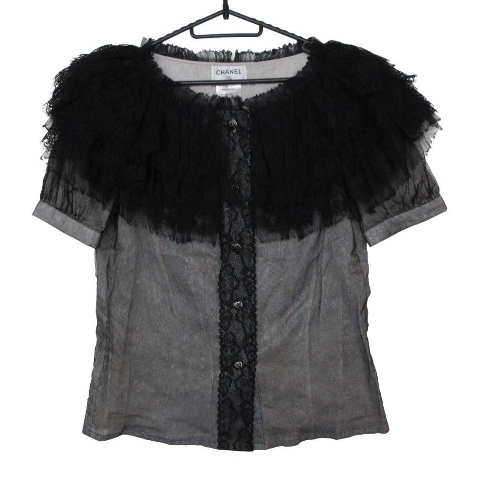 Chanel Blouse Chiffon Quilted Frill See Through Top Short Sleeve Black