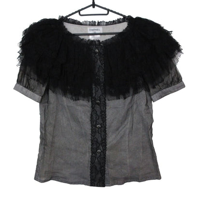 Chanel Blouse Chiffon Quilted Frill See Through Top Short Sleeve Black