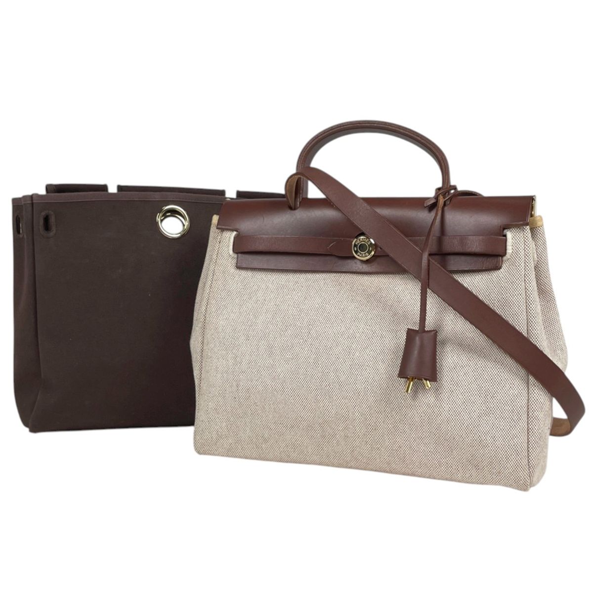 Hermes Herbag PM 2-Way Shoulder Bag Toile H Natural Brown